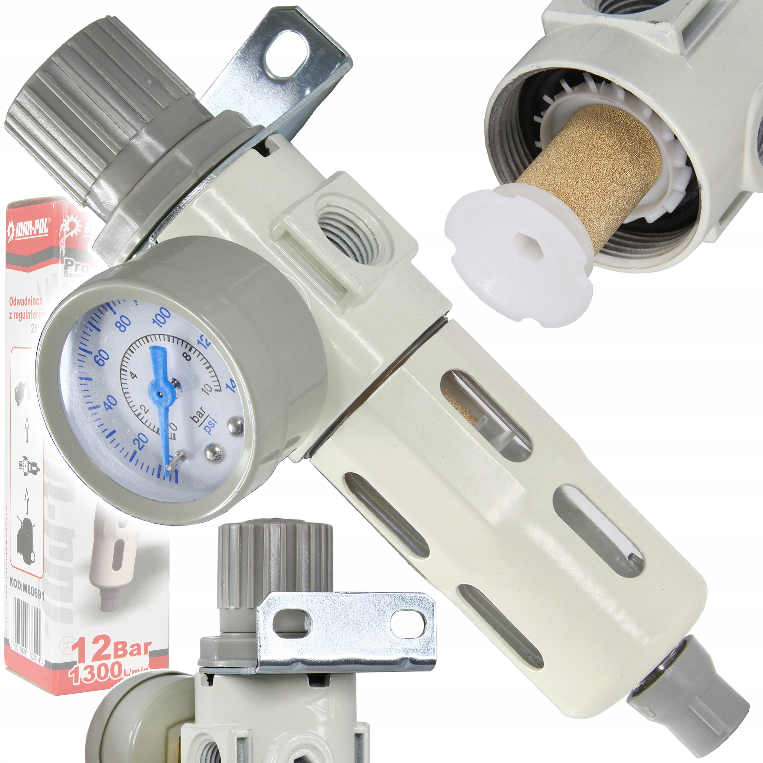 Reduktor Ciśnienia Filtr Powietrza Odwadniacz Regulator 1/4" 12BAR Manometr