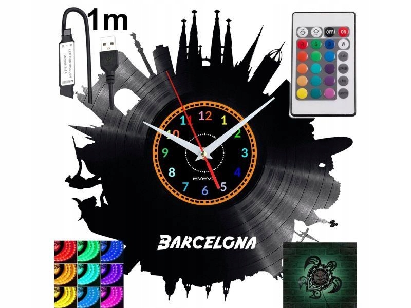 Barcelona Nástěnné hodiny Rgb Led podsvícené na dálkové ovládání Vinylová deska