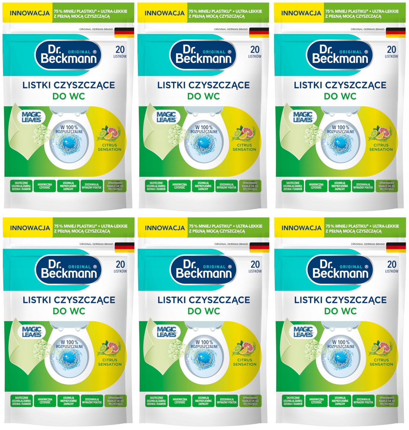 6 x Dr. Beckmann Magic Leaves Lístky na čištění Wc Kámen a Špína Bio x20