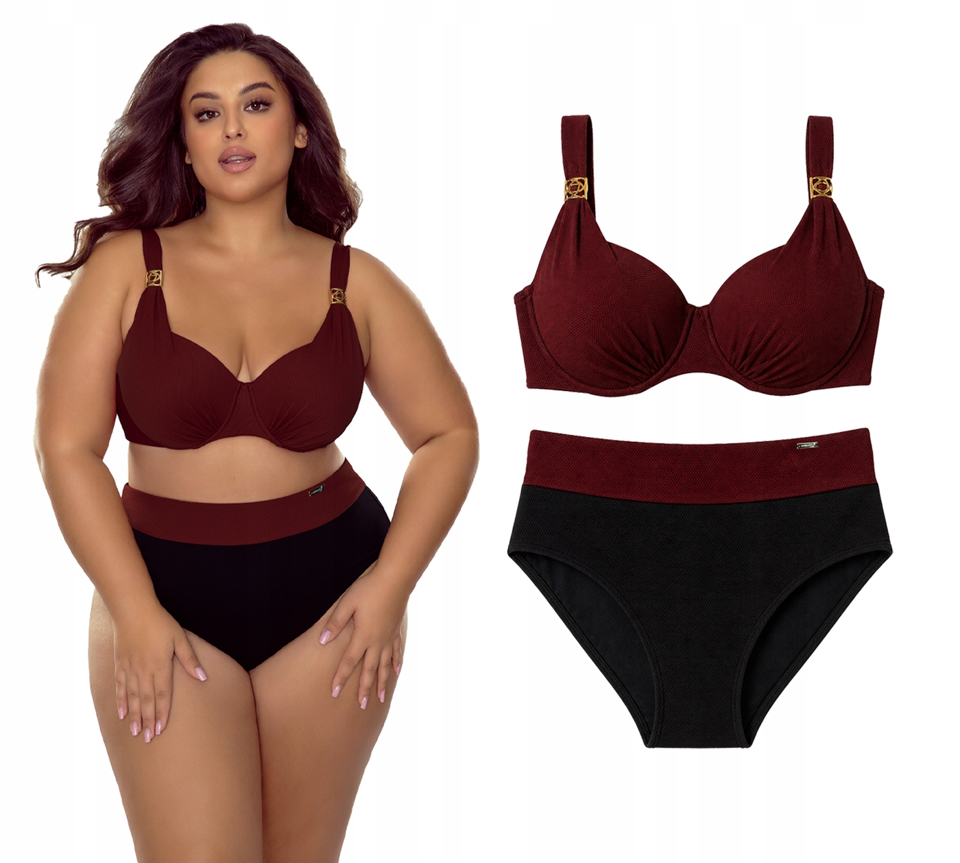 Plavky Gabbiano Elena s vysokým pasem a kosticemi, bordové, velikost 46E/3XL