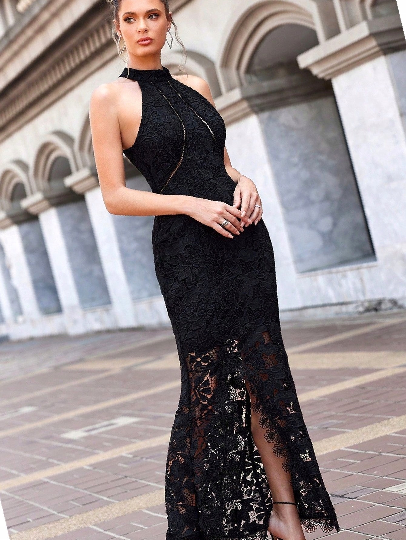 Šaty Krajkové Večerní Anewsta Syrena Maksi Bodycon Černá L 40