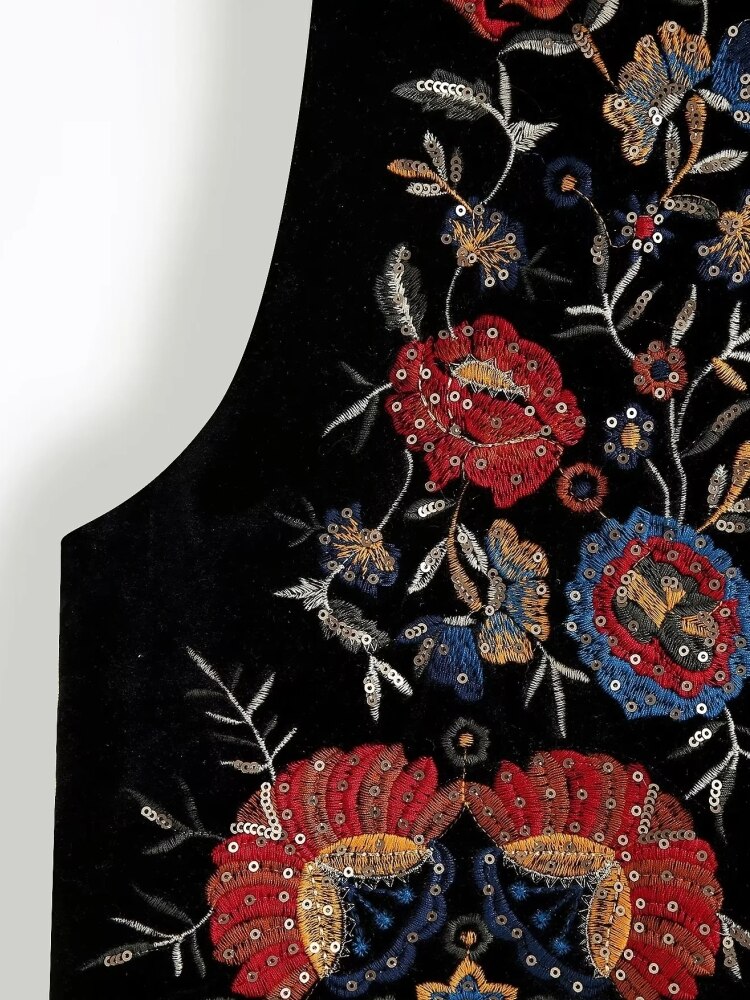 KAMIZELKA HAFTOWANA KWIATY AKSAMITNA BOHO ETNO S Rozmiar S