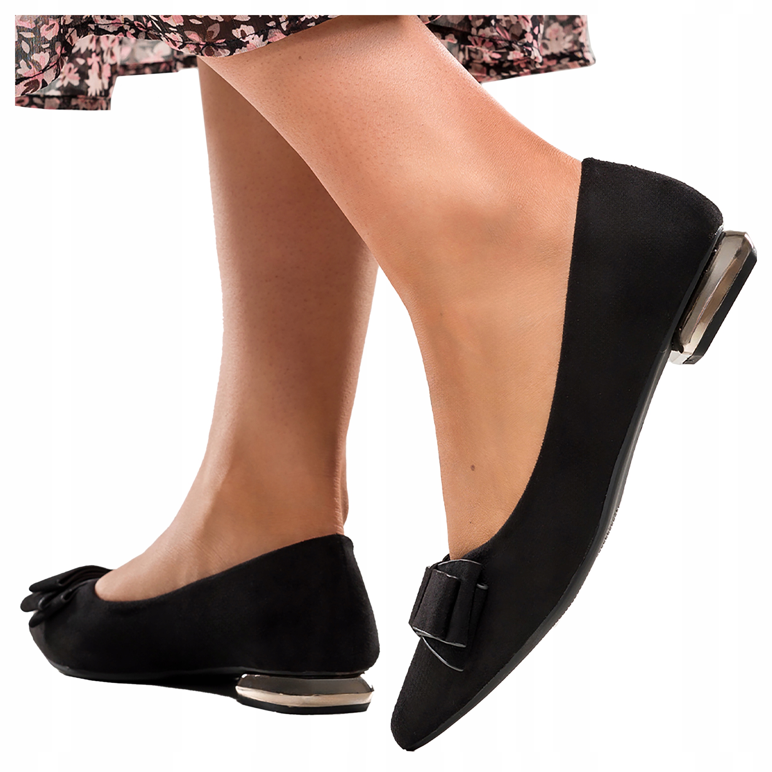 Damskie Czarne Baleriny Wsuwane Z Kokardą Ozdobny Obcas Miękka Wkładka r 38