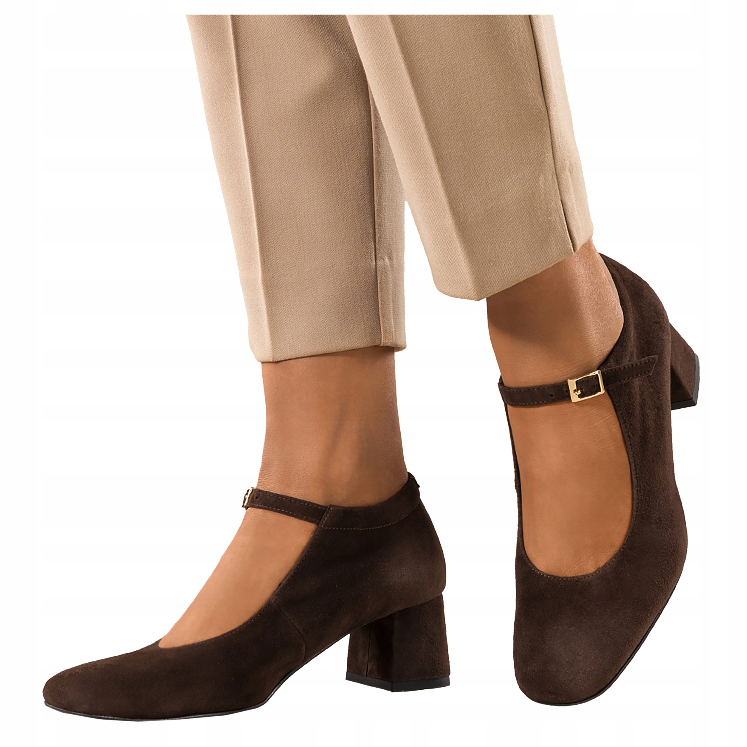 Čokoládové Kožené Boty Dámské Pohodlné Mary Jane Široký sloupek vel. 41