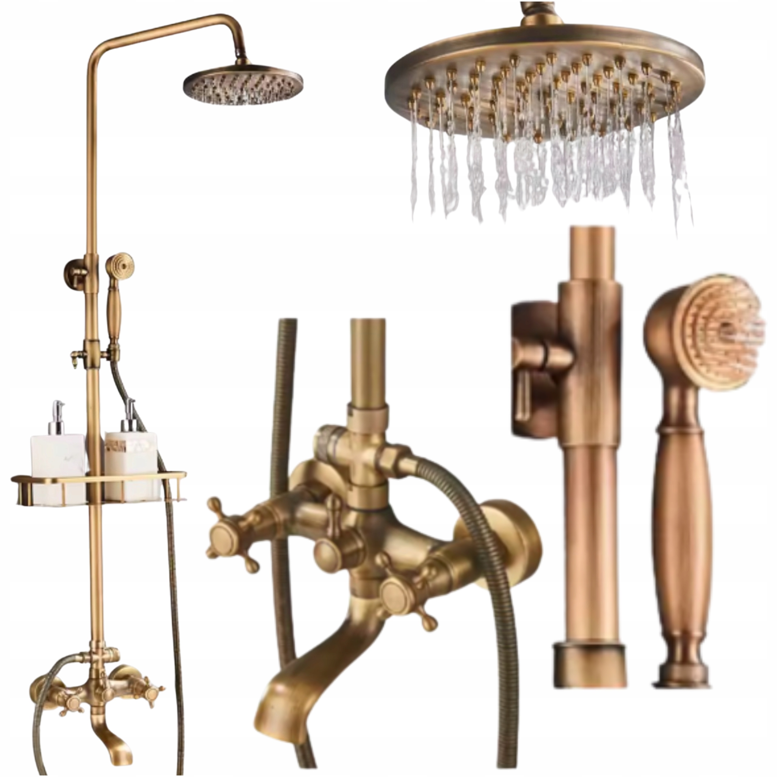 Vanová sprchová baterie Mosazná police Vintage s dešťovou sprchou