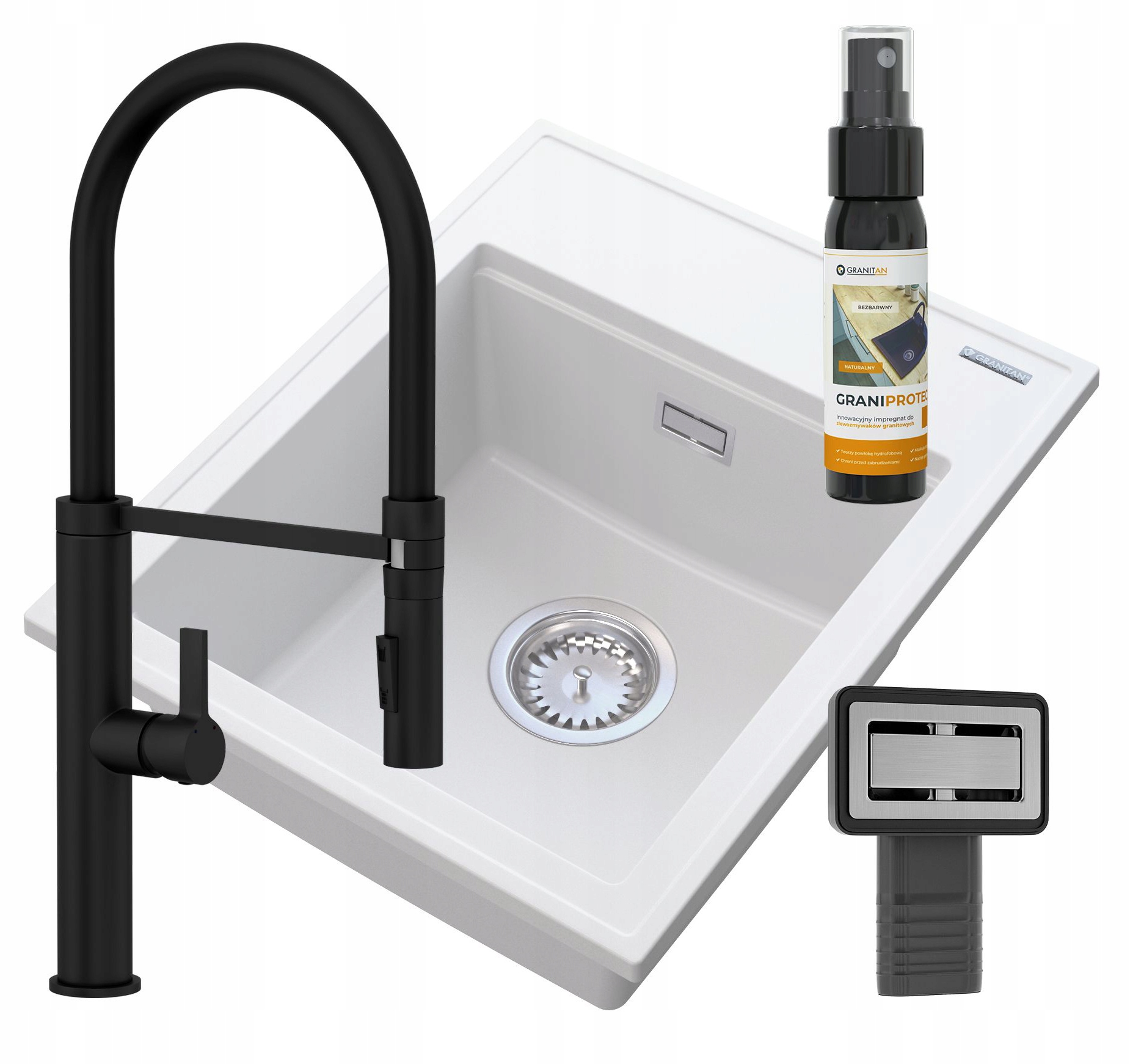 Granitový Drez, Biela Kuchynská Batéria, Sada