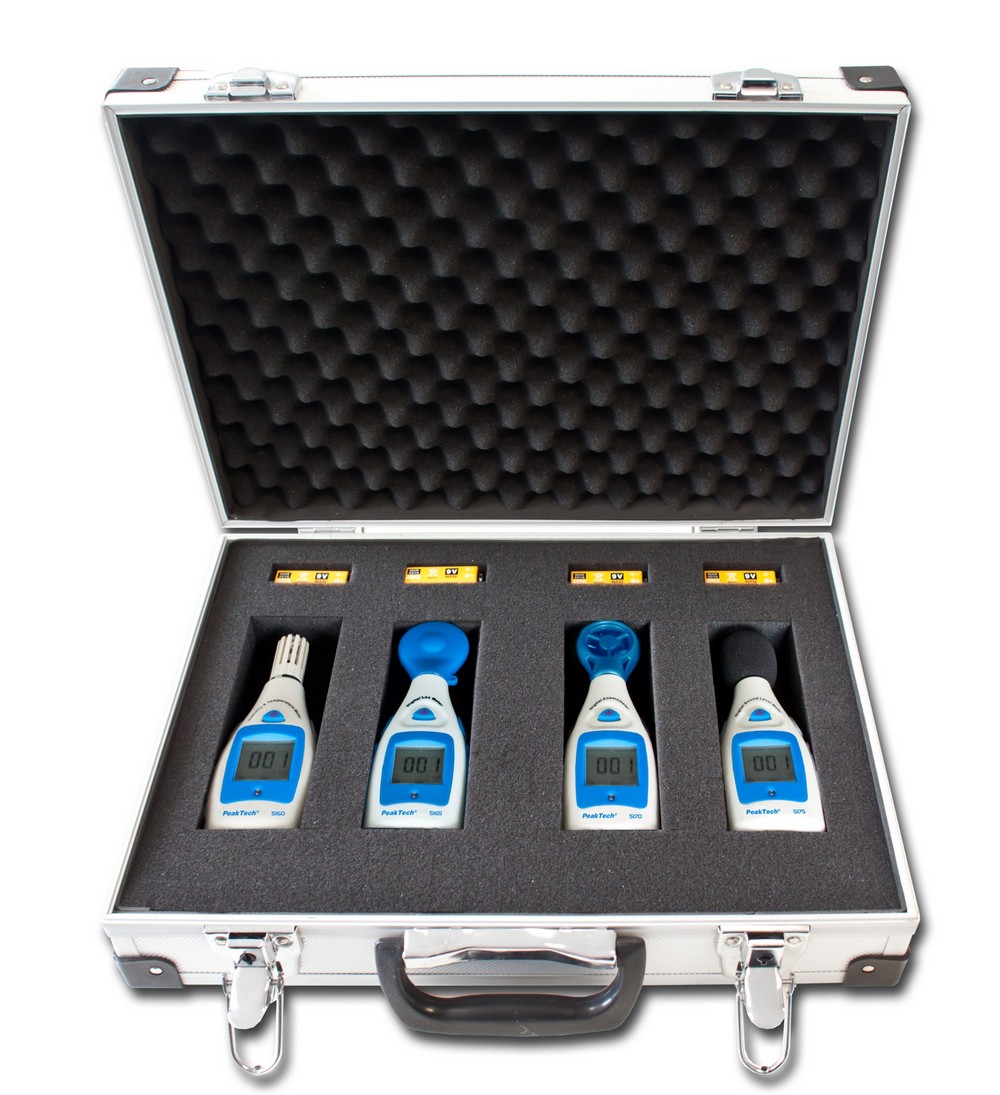 Sada měřidel PeakTech Měřič teploty zvuku větru Luxometr Pouzdro