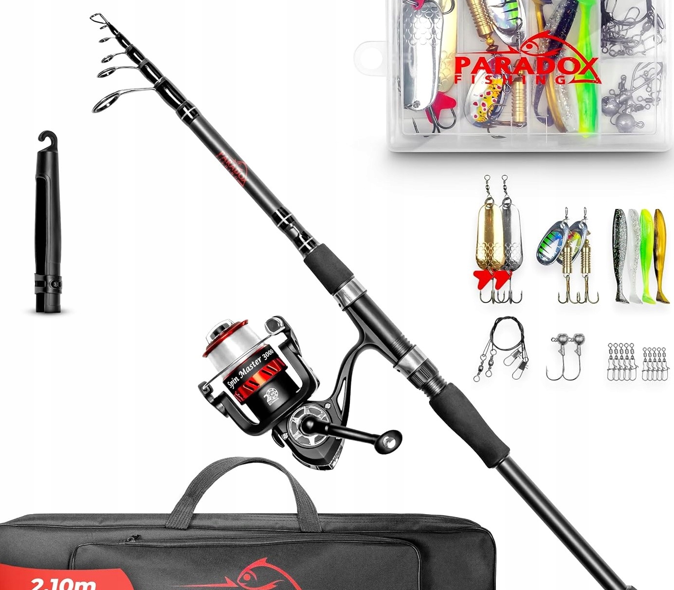WĘDKA SPINNINGOWA TELESKOPOWA 2,1 M Z KOŁOWROTKIEM + AKCESORIA