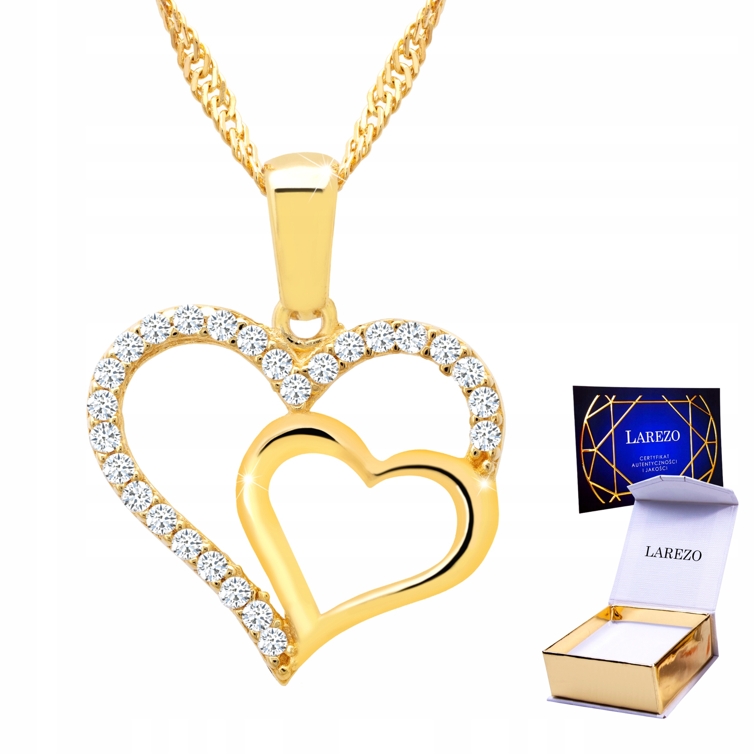 Zlatý náhrdelník 925 Dvojité srdce s zirkony Dvě srdce Srdíčko Láska