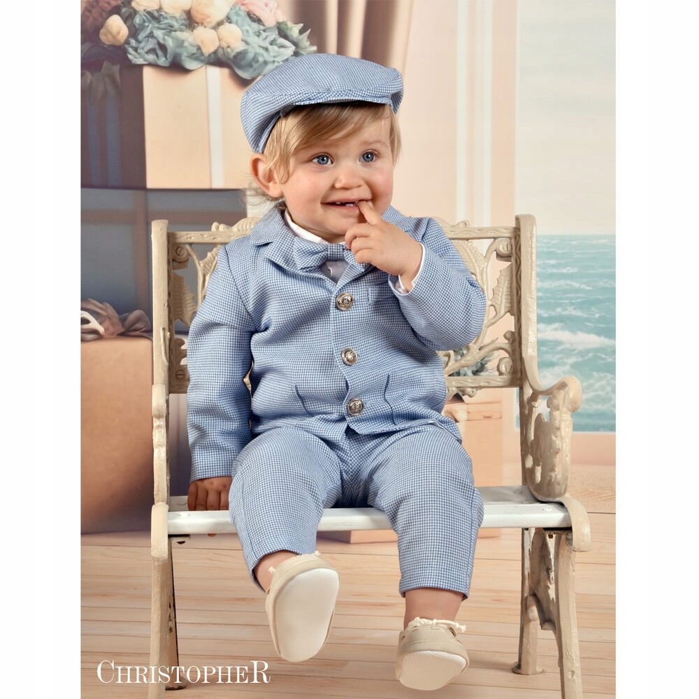 Garnitur Lniany Błękitny Chłopięcy do Chrztu Christopher rozmiar 68