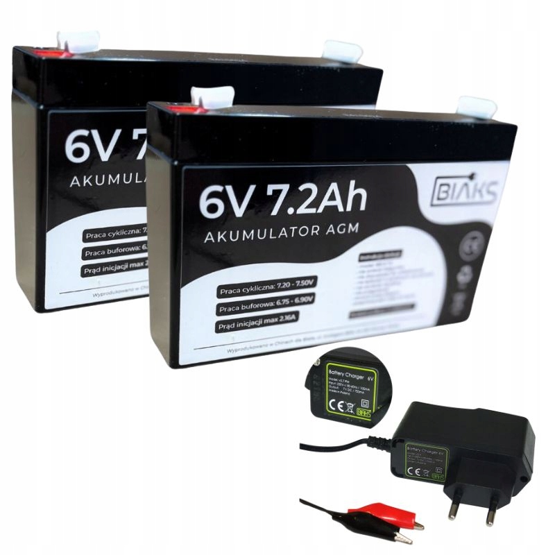 Sada 2x Akumulátor Agm 6V 7.2Ah Biaks (rozmer 7Ah) nabíjačka 6V Pw alarm