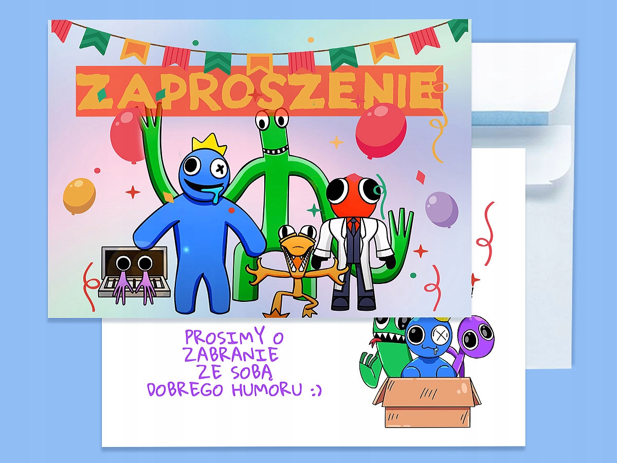 ZAPROSZENIE RAINBOW FRIENDS NA URODZINY DZIECKA + KOPERTA GRATIS Typ znaczek