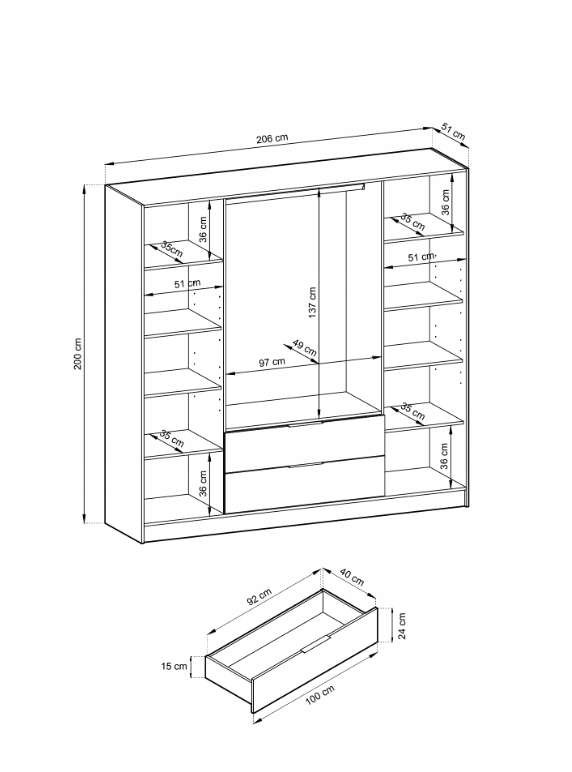 Szafa Lamele 206 cm Dąb Artisan NELA PS Wysokość mebla 200 cm