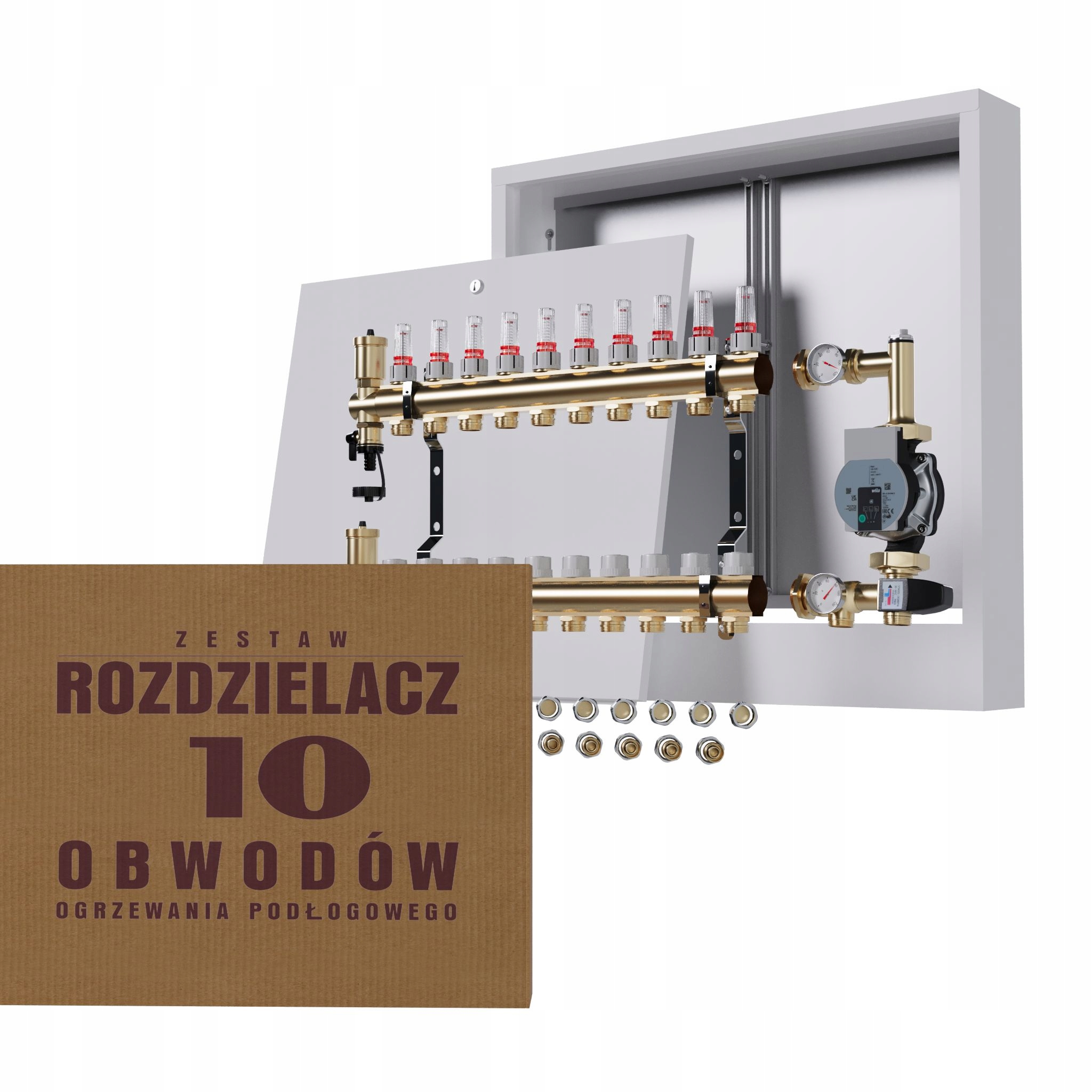 Rozdělovač pro podlahovou krytinu 10 podlahových topení, nástěnná skříňka Pex