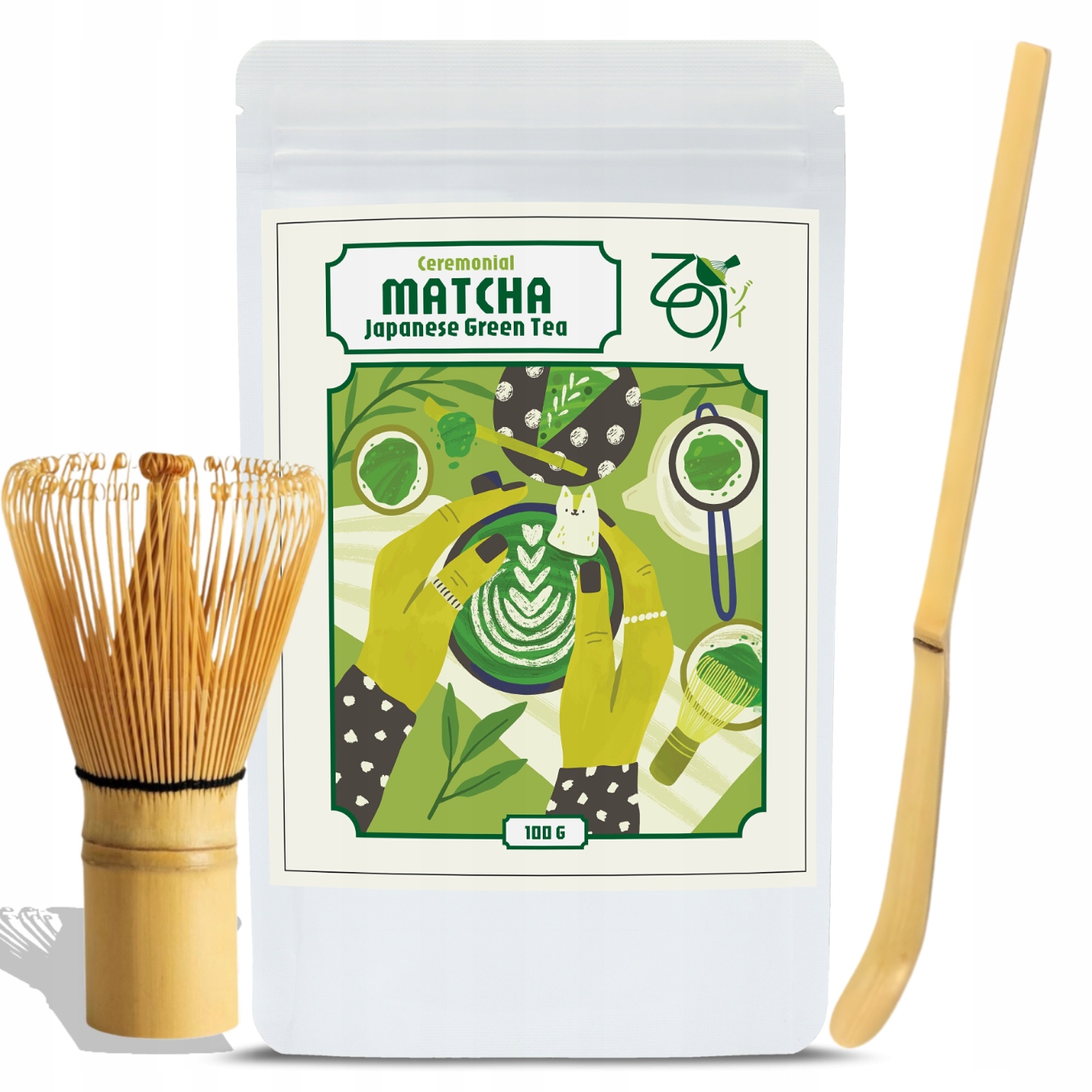 Matcha Ceremonialna 100g Zoi Premium Zestaw Chasen Miotełka Chashaku
