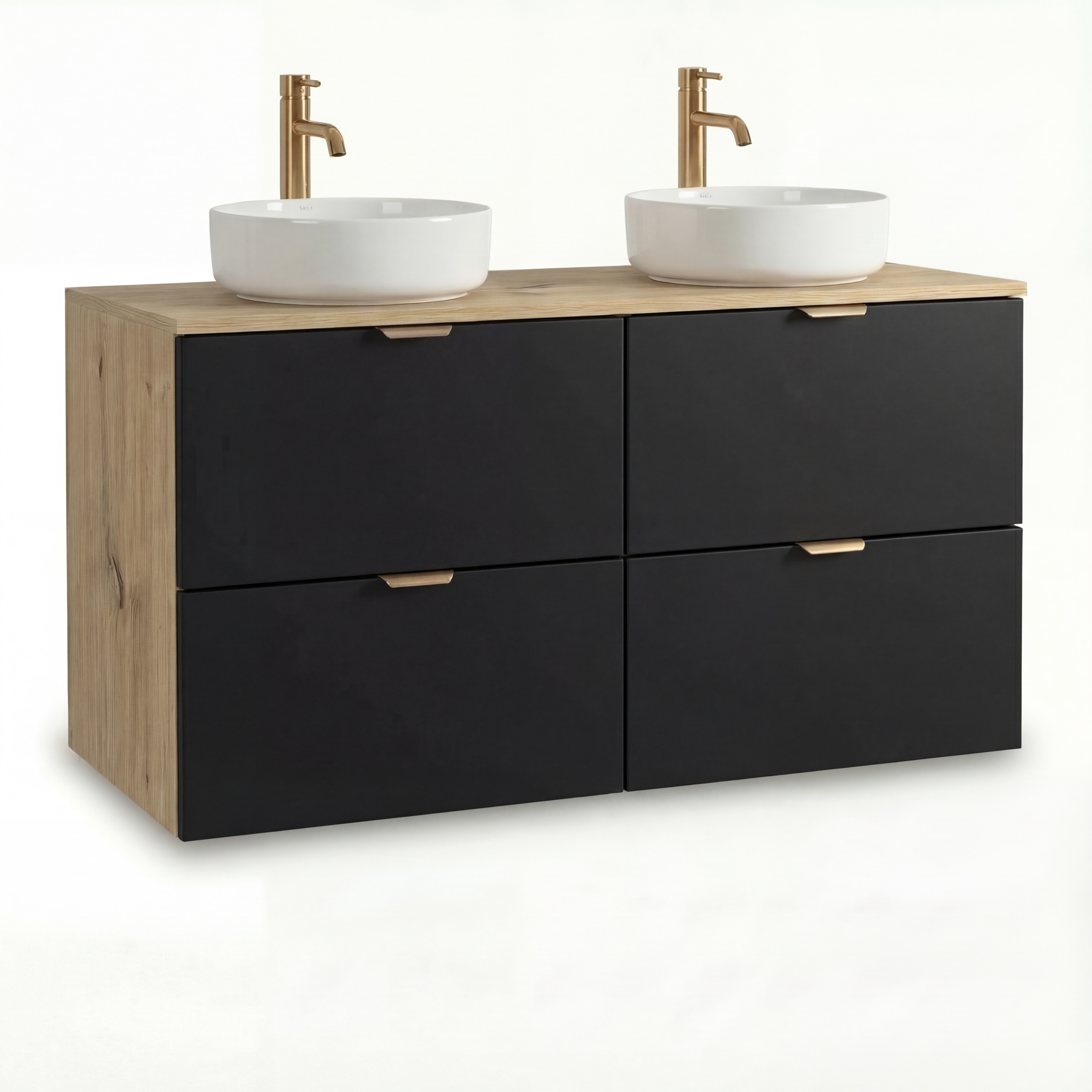Skříňka pod umyvadlo 120 cm, 4 zásuvky, 2 umyvadla, černá/dub artisan Orio