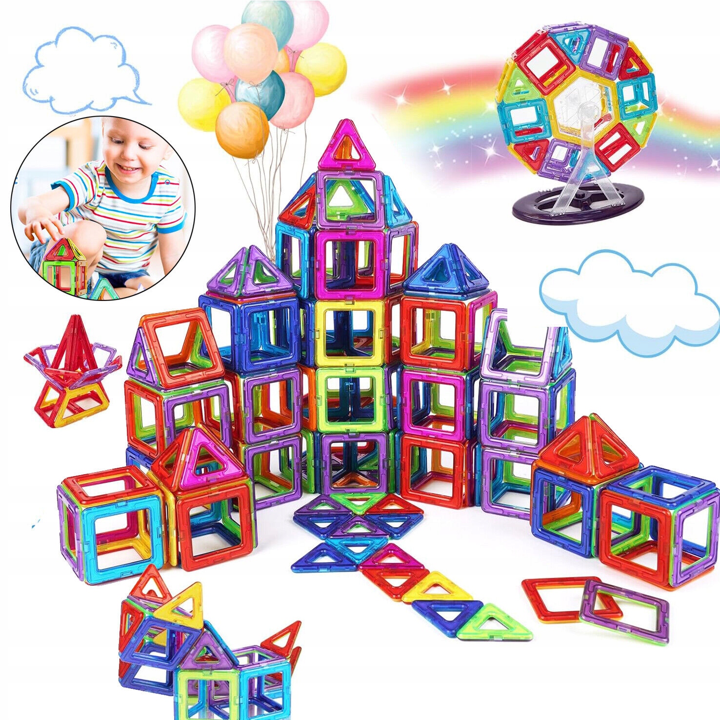 ZESTAW DUŻE KLOCKI MAGNETYCZNE KONSTRUKCYJNE 3D PANELE MAGNETIC TILES 102x Stan opakowania oryginalne