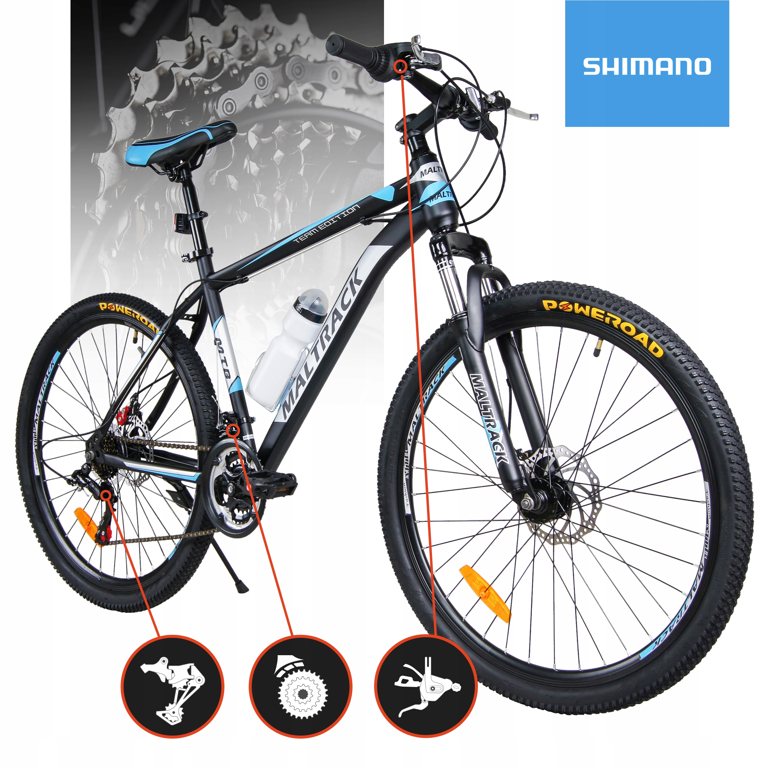 ROWER GÓRSKI MTB 26" SHIMANO 18 BIEGÓW HAMULCE TARCZOWE STALOWA RAMA 18" Marka MalTrack