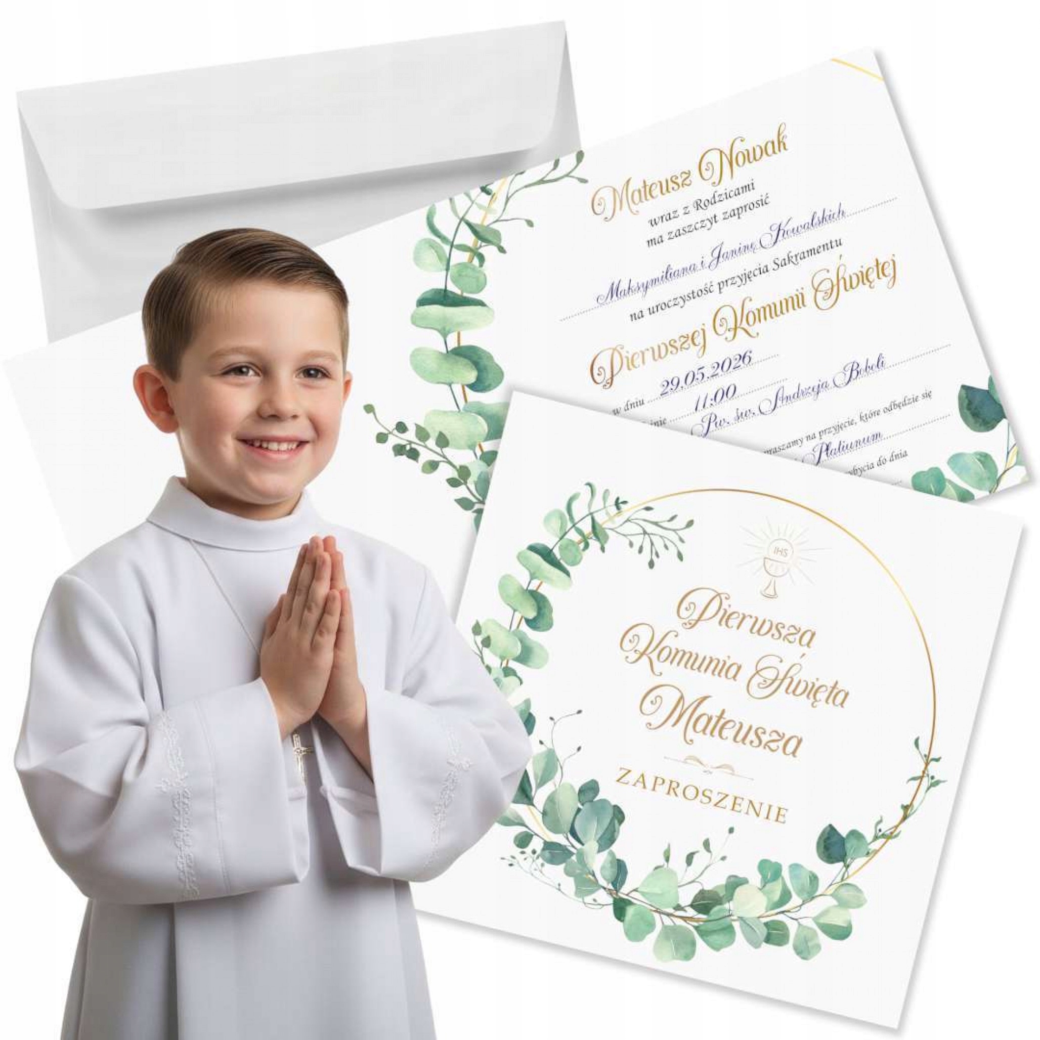 ZAPROSZENIE na KOMUNIĘ PERSONALIZOWANE + IMIĘ dziecka + KOPERTA IHS x1