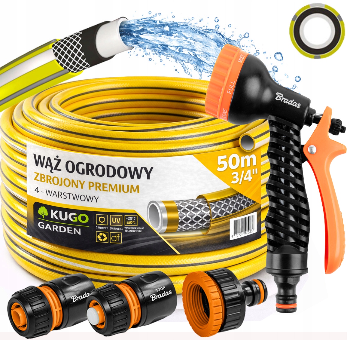 Hadice 3/4" 50 m 4 Vrstvy Premium Gun Spojky Set Bradas