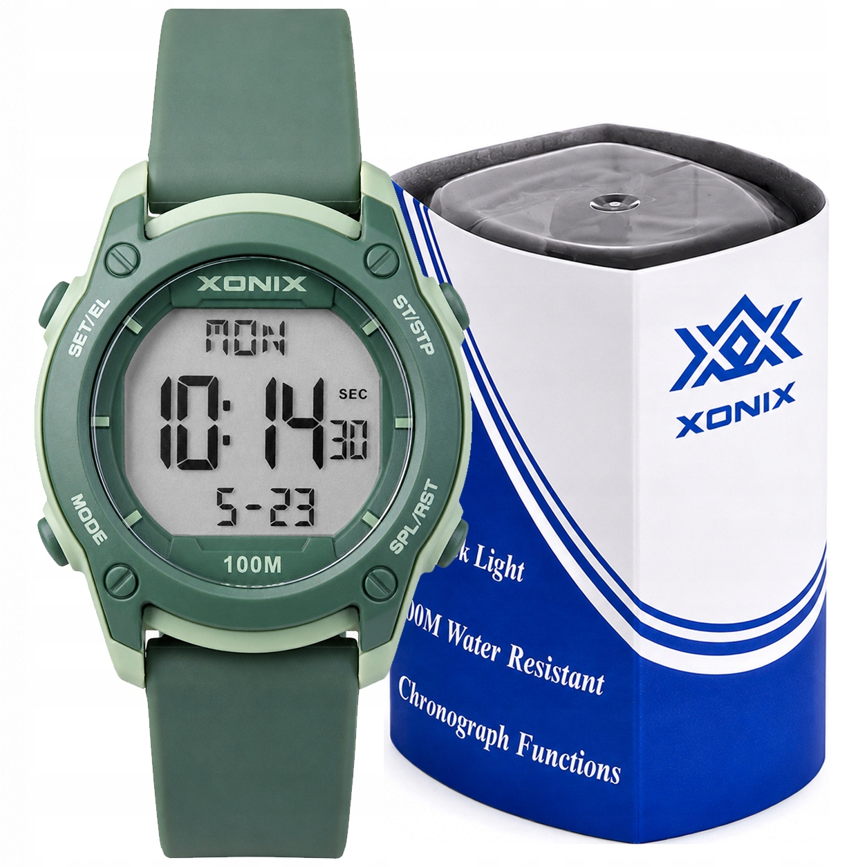 Hodinky Xonix elektronické sportovní 10 Atm alarm časovač zelené BAZ-005