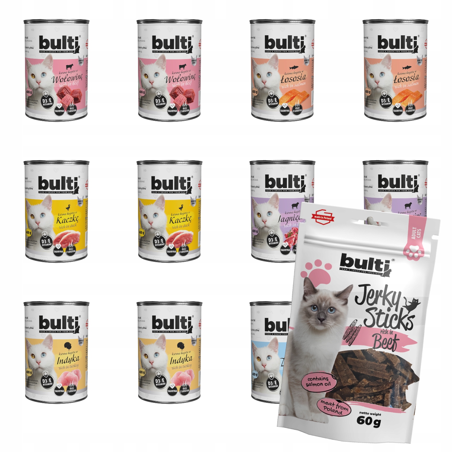 Levně Vlhké Krmivo Bulti 400 g MIX Všech Příchutí Dárek Jerky Hovězí Maso