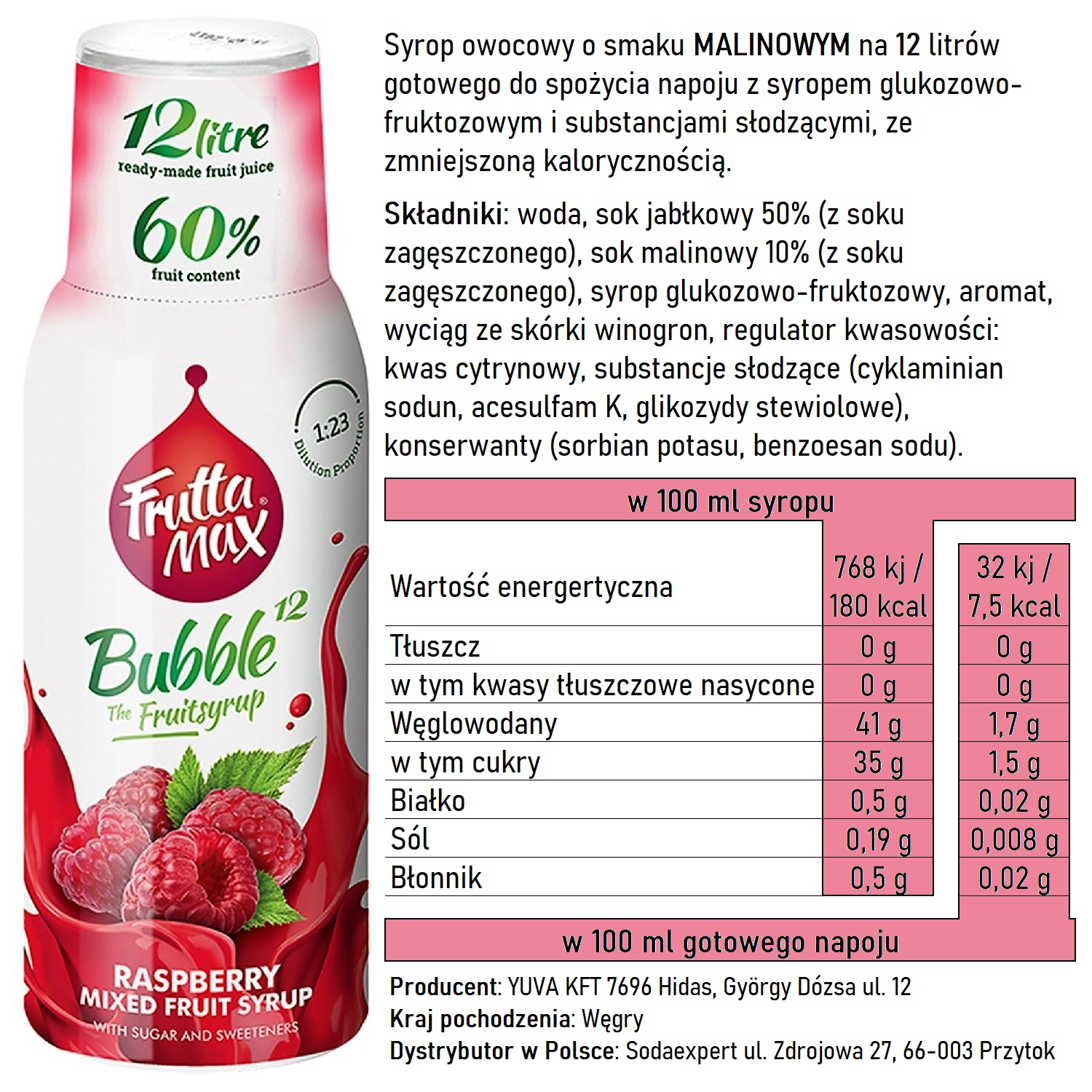 Syrop do saturatora Soda FruttaMax MALINA 500 ml na 12 LITRÓW Kod producenta 5998571760520