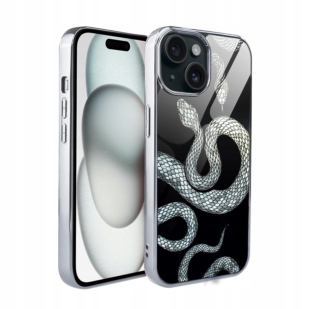 Pouzdro pro iPhone 15 Ibizu Elite Glass, skleněná zadní strana, hadice se stříbrem, stříbrná barva