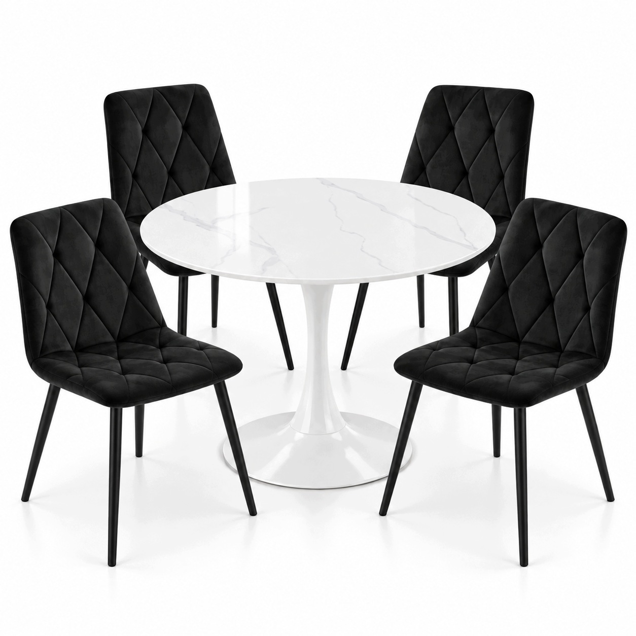 Komplet Glamour Marmur Bianco Okrągły Stół 80cm+4xKrzesło Welurowe Welur