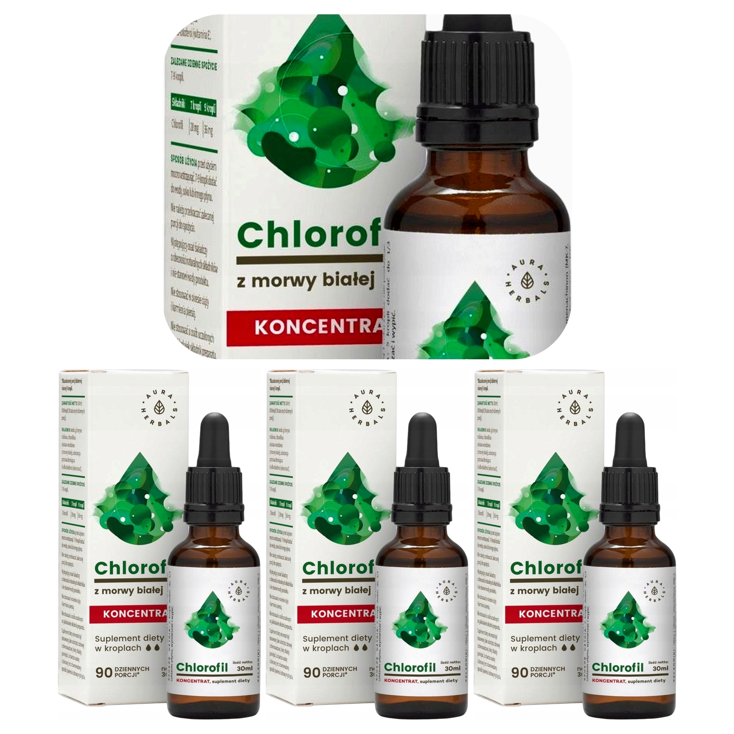 3x Morwa Biała Koncentrat Aura Herbals Chlorofil Krople 30 ml Suplement