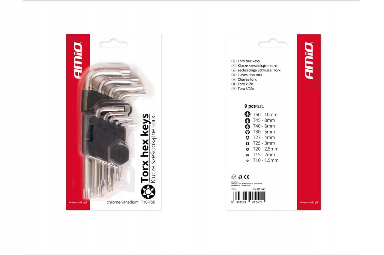 KLUCZE TORX W ETUI TORX T10-T50 1,5mm-10mm ZESTAW KRÓTKIE 130 mm EAN (GTIN) 5903293010402