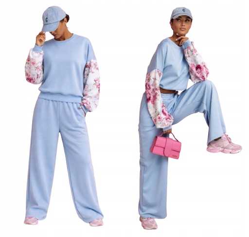 Dres damski komplet Niebieski Oversize bluza spodnie wide leg masełko S/m