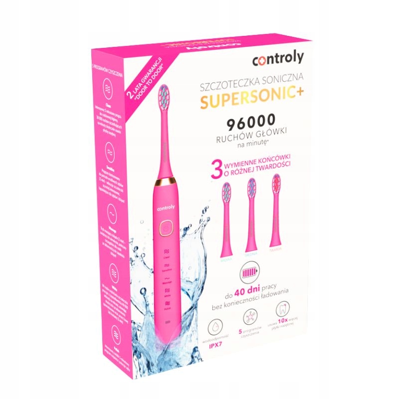 Controly Supersonic+ Szczoteczka soniczna z 3 wymiennymi końcówkami Różowa