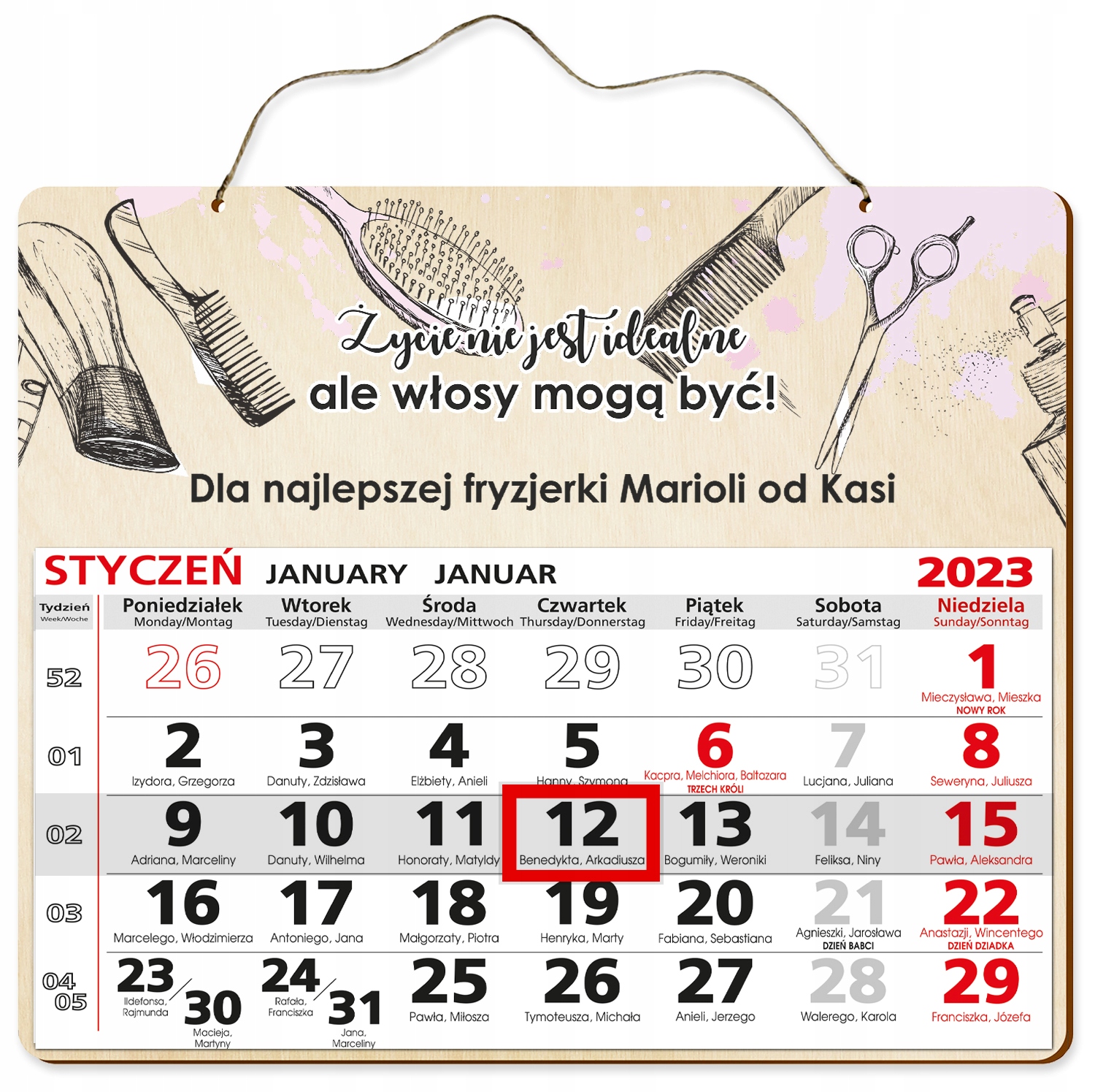 

Drewniany Kalendarz 2023 Fryzjer Fryzjerka