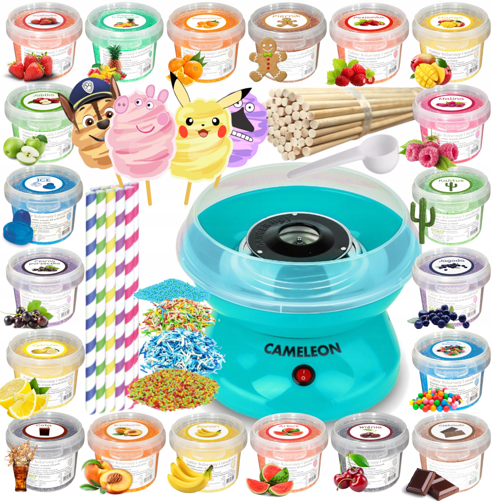 Sada Stroj na cukrovou vatu Cukr 20x 100g Kbelík Tyčinky Posypky