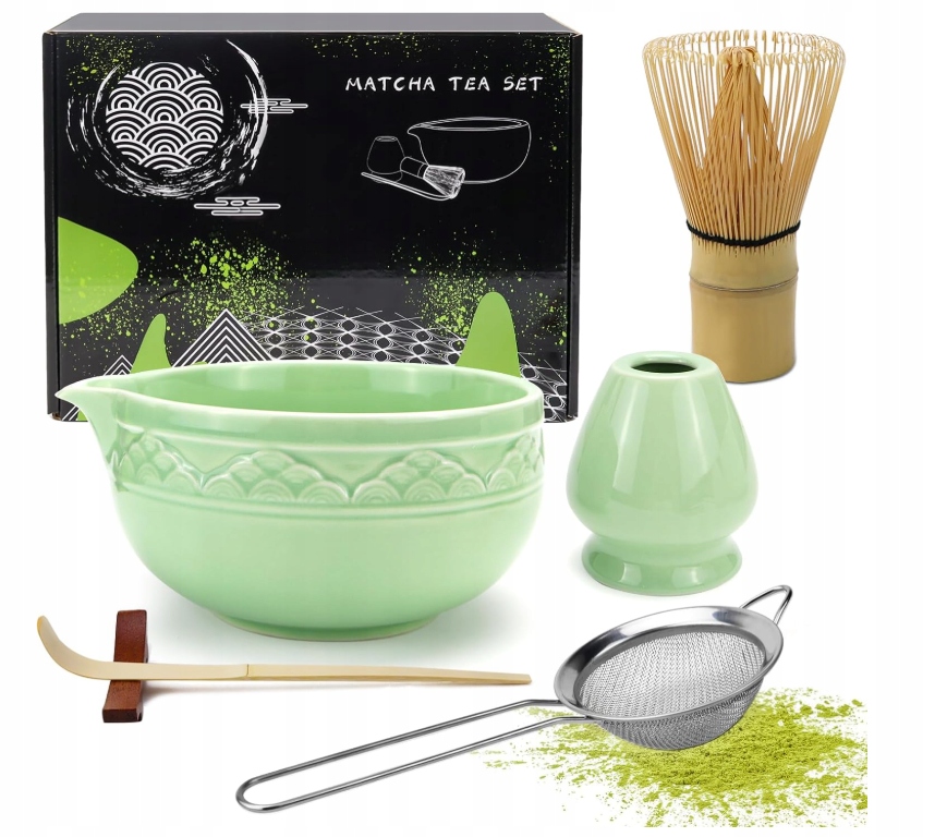 Kompletny Zestaw do Herbaty Matcha 6 Elementów Japoński Ceramiczny Zielony