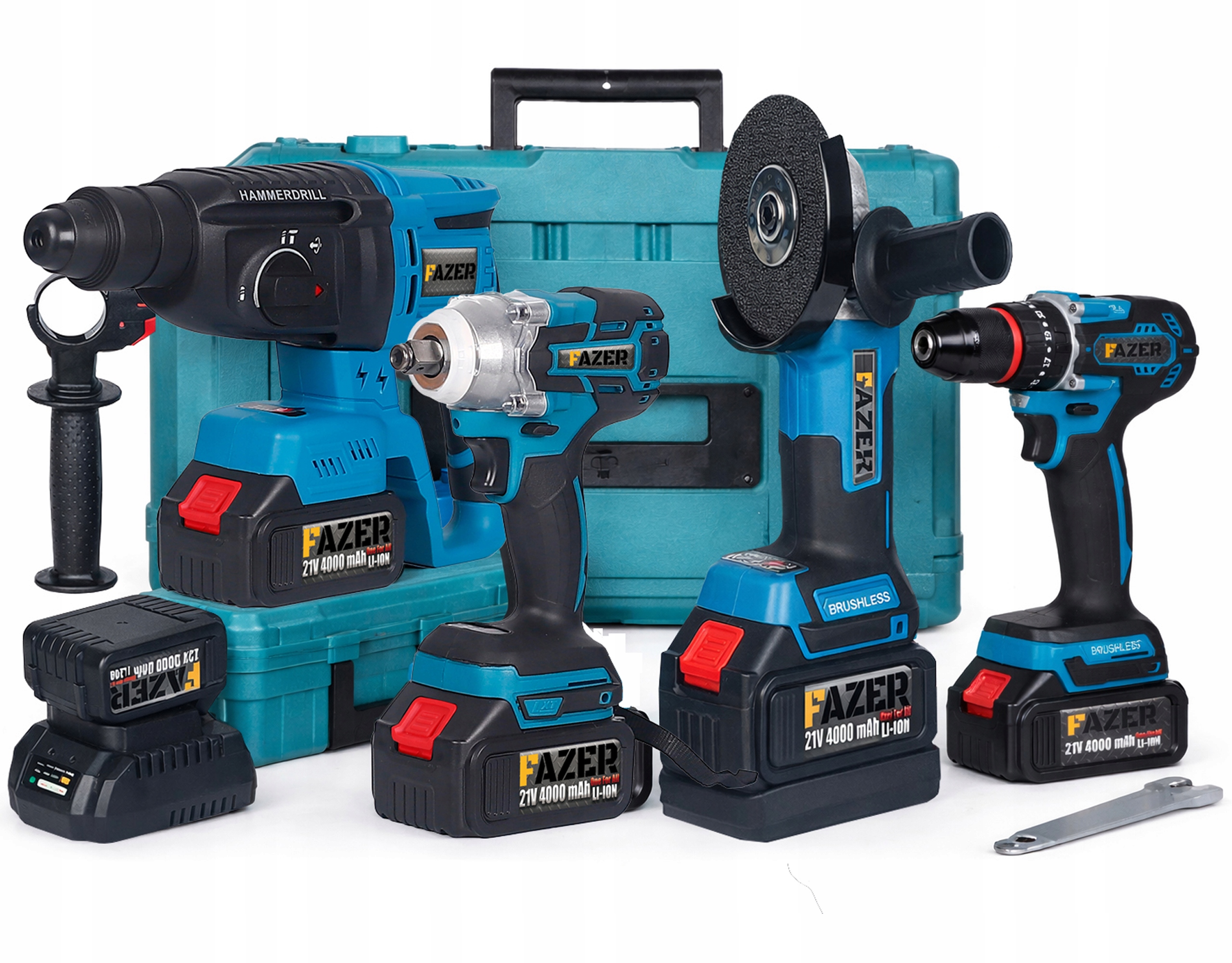 Sada Akumulátorového Nářadí 21V 4v1 Šroubovák Kladivo Bruska Klíč