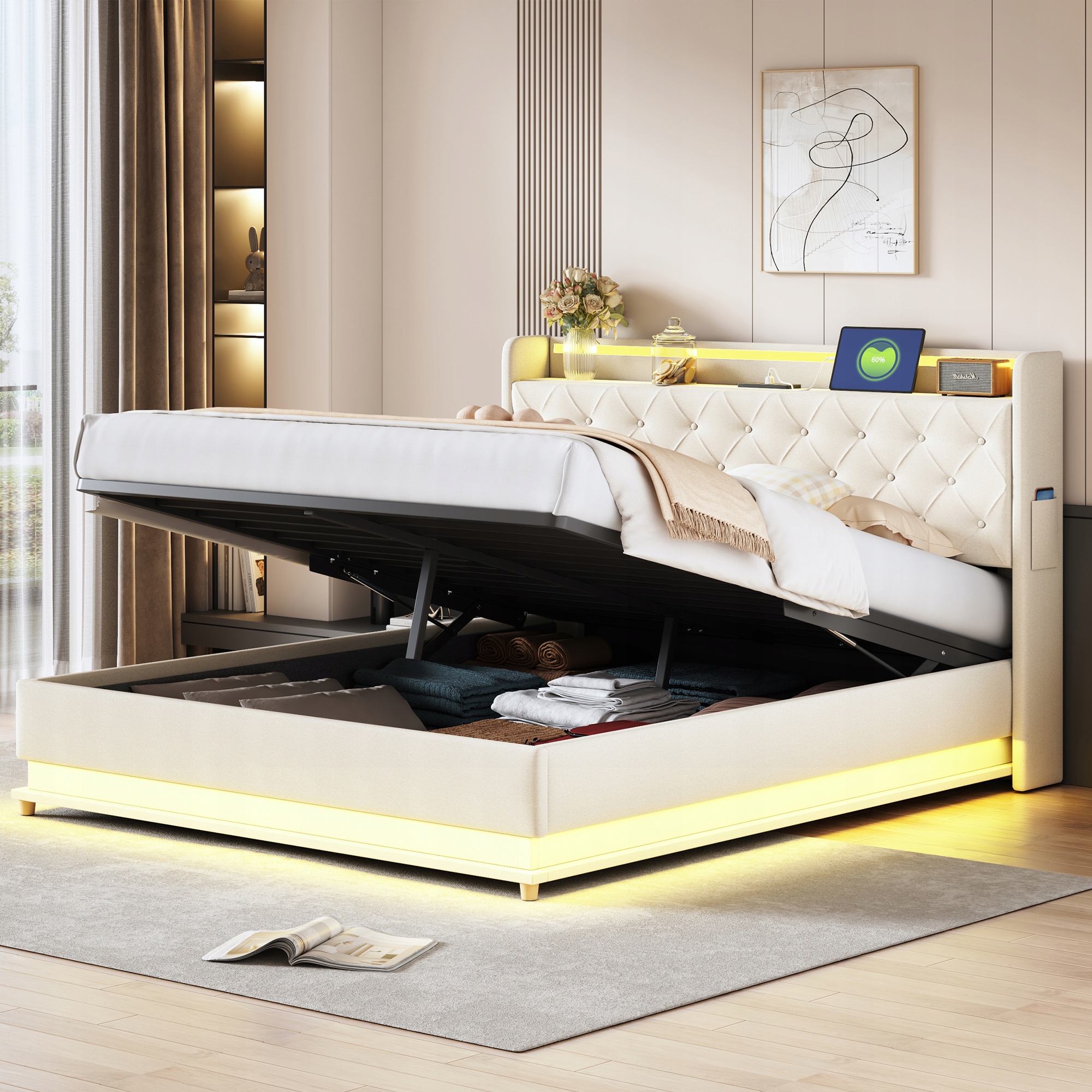 Čalouněná Led postel 160*200 cm s hydraulickým zásobníkem Béžová
