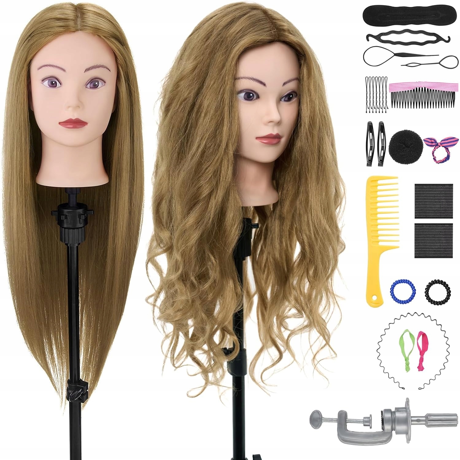 Kadeřnická tréninková hlava 70 cm blond vlasy stojan a akcesoria pro styl.