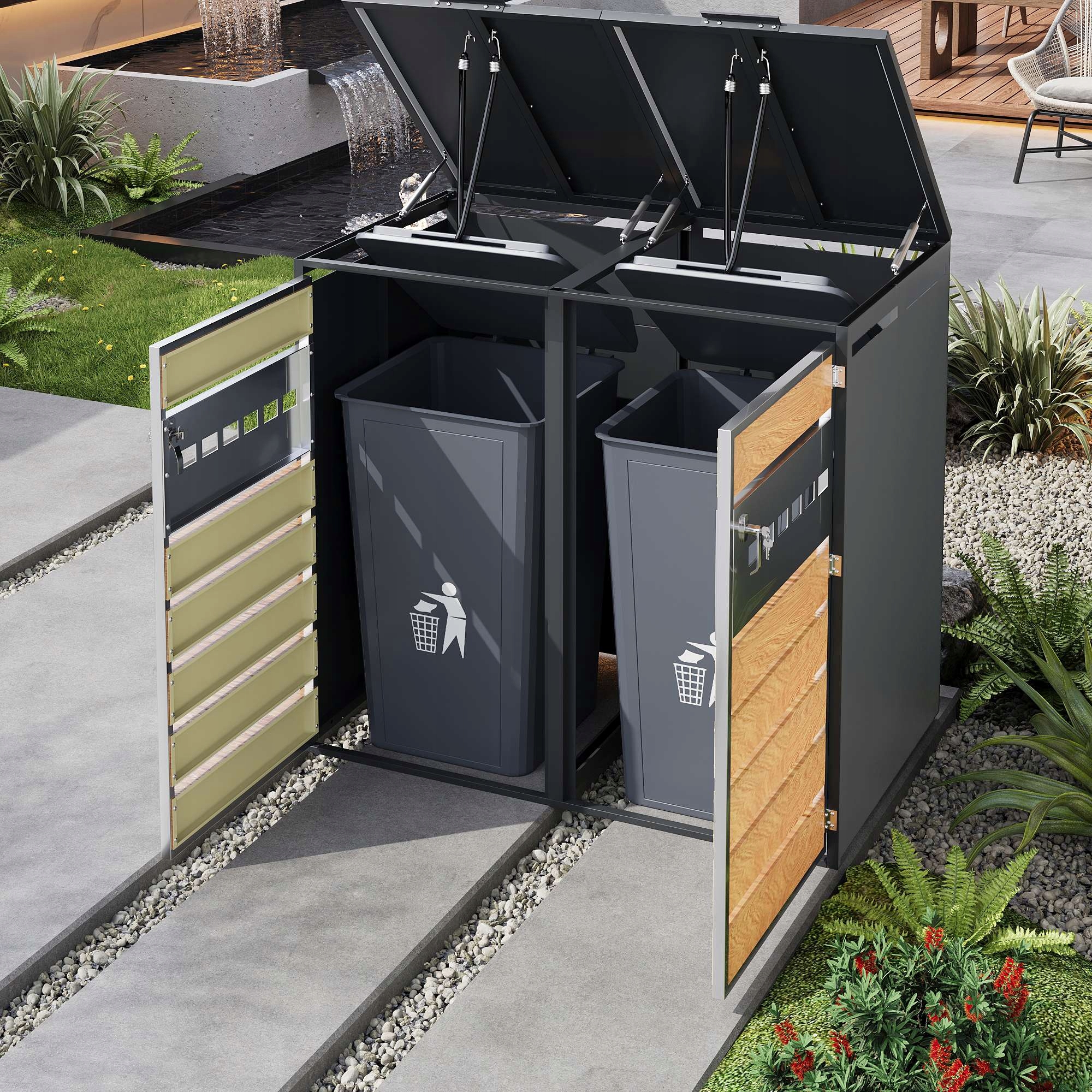 Zahradní odpadkové koše 2 dveře Uzamykatelné s výklopným víkem