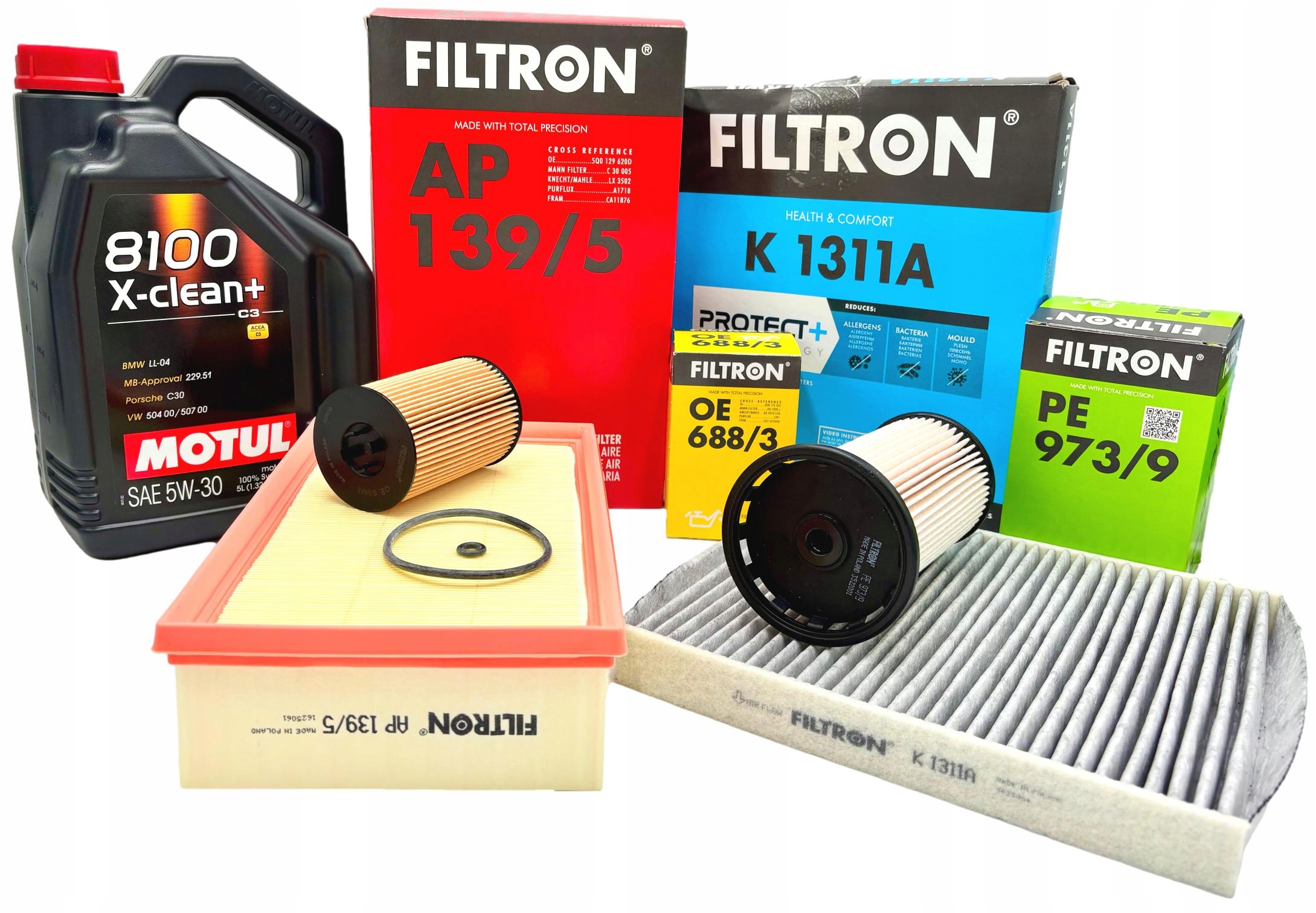 Filtron Sada filtrů a olej Motul 5W30 A3 pro 8V Golf VII Passat B8 1.6 2.0 Tdi