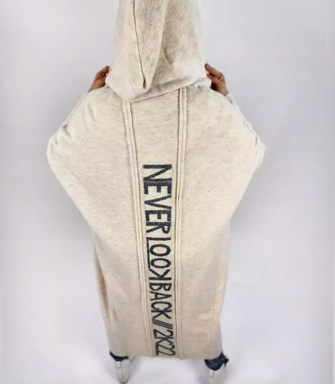 Teplý dámský svetr Kardigan Dlouhý s vlnou Nápis Never Look Back L (40)