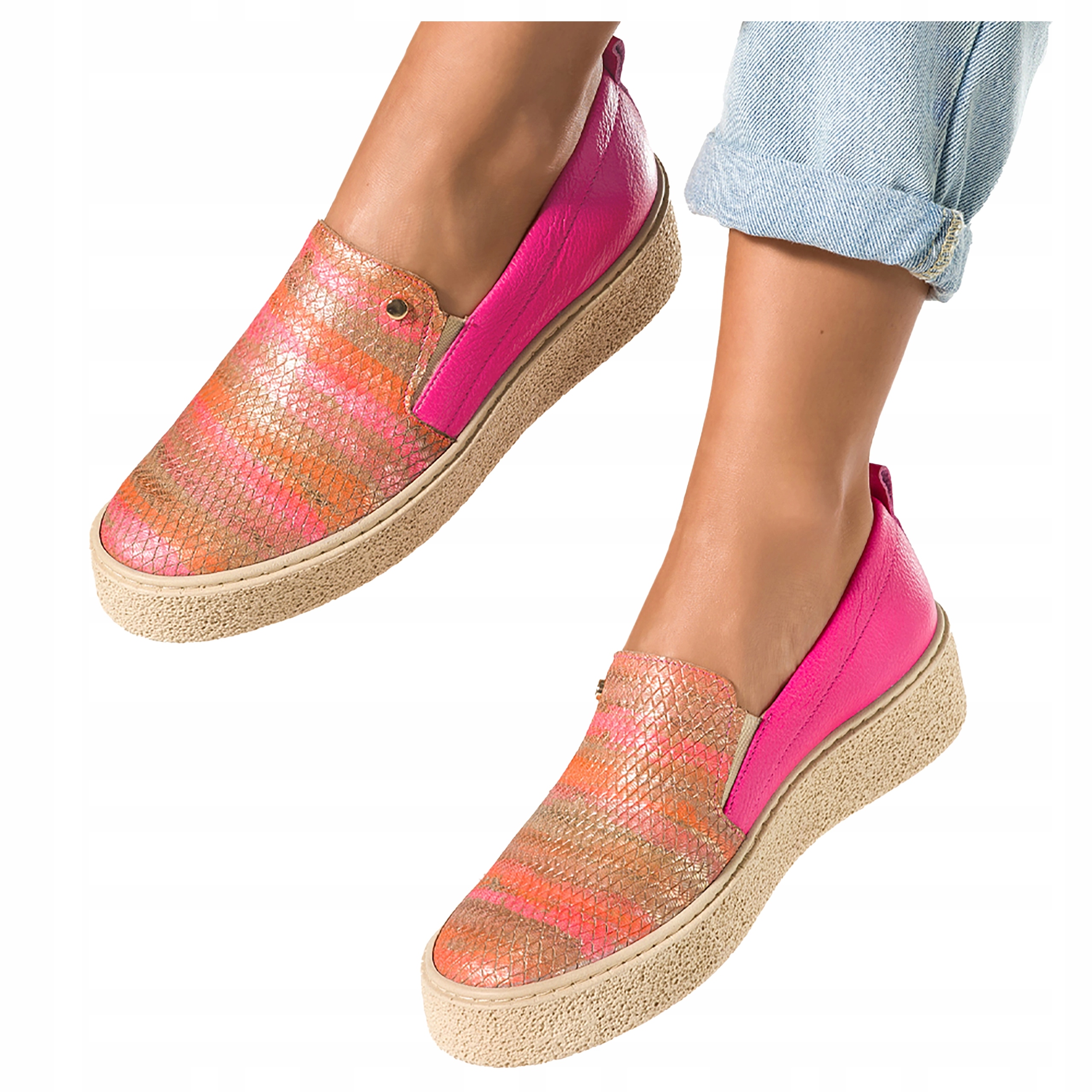 Kožené fuchsiové polobotky Slip On na platformě, Polský Výrobek, velikost 39