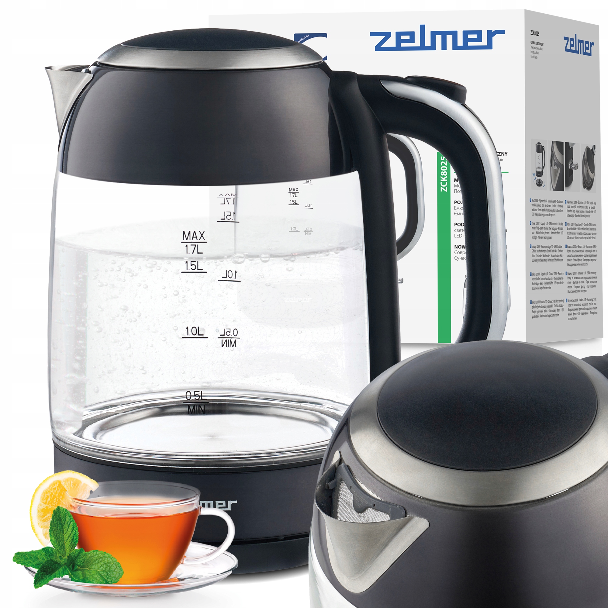 Czajnik Bezprzewodowy Zelmer Elektryczny Szklany Nierdzewna Grzałka 2200W
