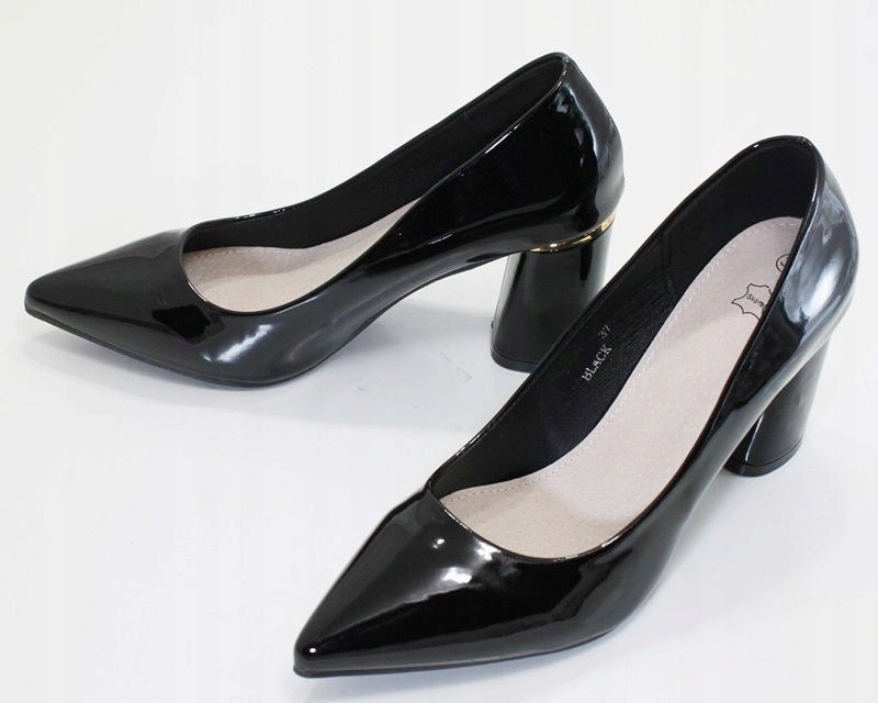 CZÓŁENKA LAKIERKI NA SŁUPKU SZPIC CZARNE 8-1 38 Rozmiar 38