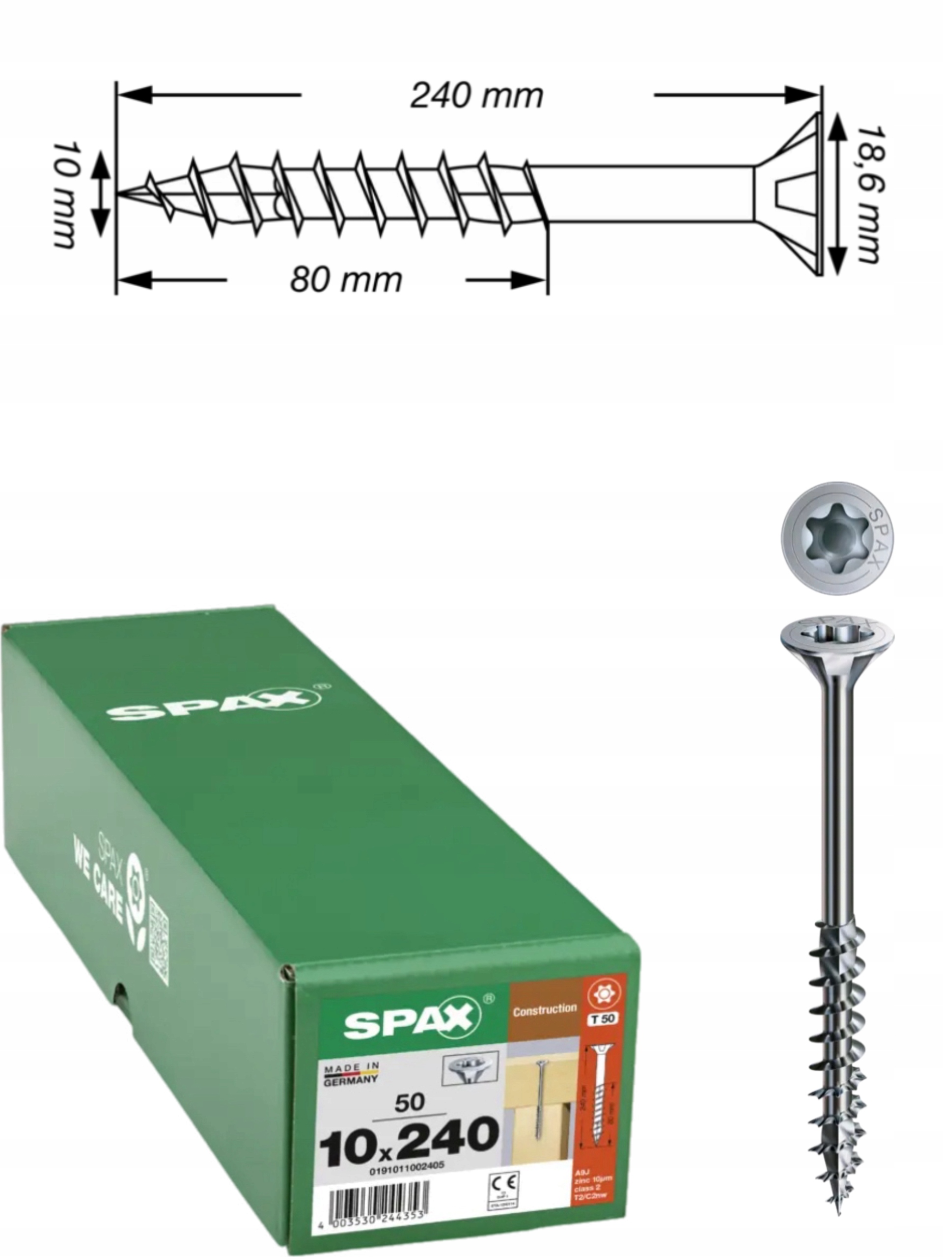 Univerzální vruty Wirox do dřeva, konstrukce Spax 10 x 240 mm 50 ks