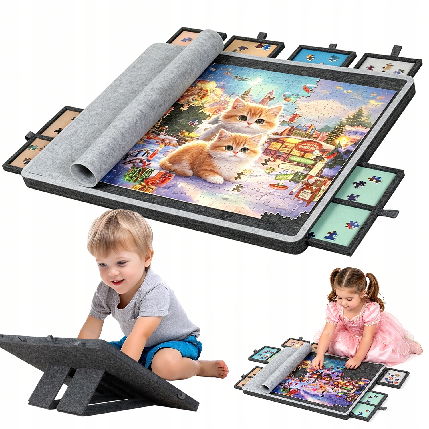MATA DO PUZZLI FILCOWA 80X60CM 6 SZUFLAD Z UCHWYTAMI OSŁONA SKŁADANA