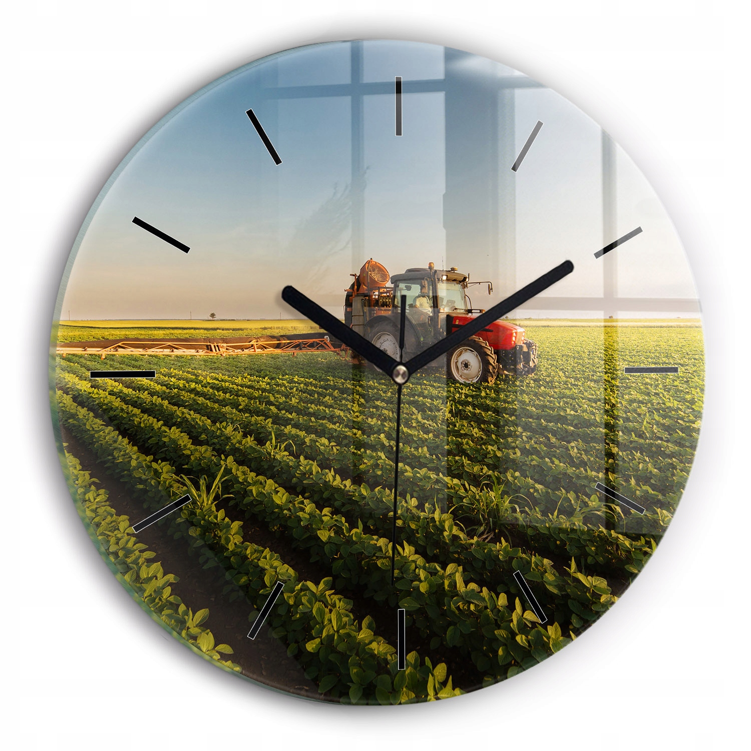 Tichý skleněný hodinový stroj s vytištěnou grafikou Traktor na zemědělském poli, průměr 30 cm