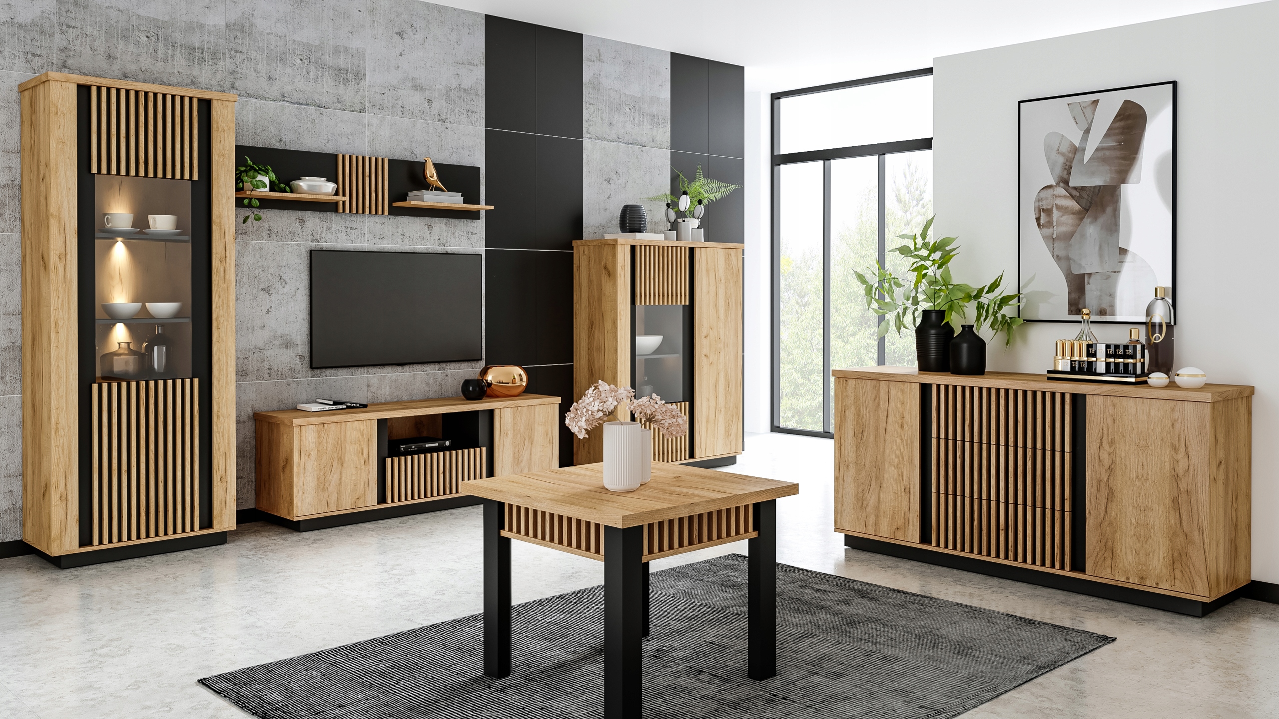 Witryna wysoka LAMELLO art.9 dąb craft / czarny LOFT LAMELE Marka Meble Gołąb