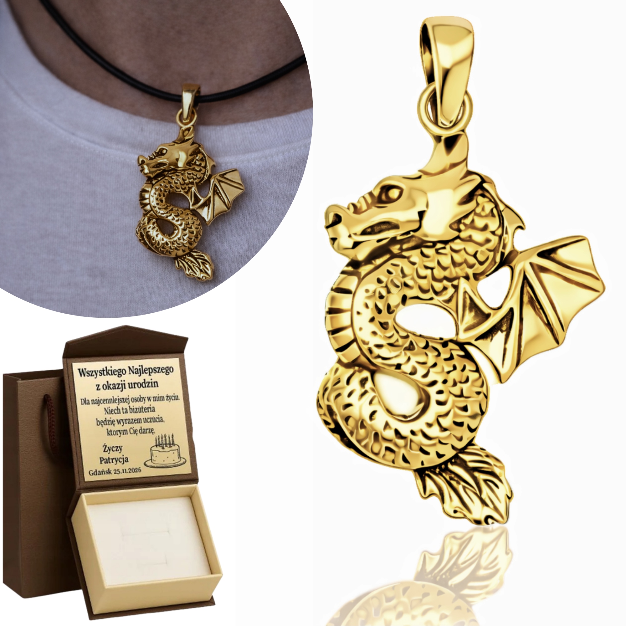 Zlatý Přívěsek Drak Čínský Pozlacený 925/585 Oxidovaný Unisex